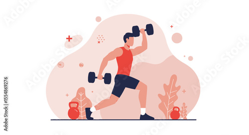 An illustrated man performs a dumbbell lunge exercise in a flat design style, ideal for fitness and wellness presentations, marketing materials, and web design projects.
