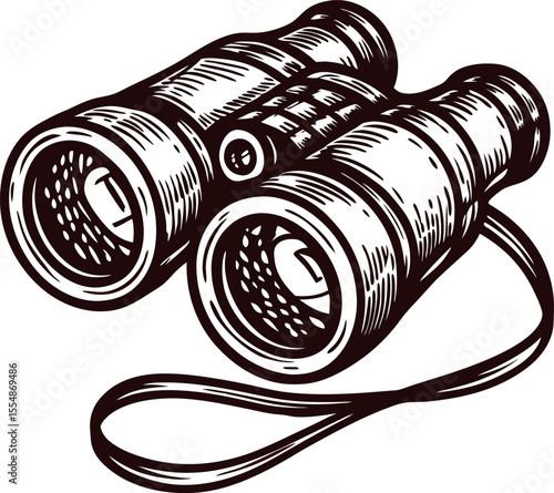 Vintage engraved binoculars illustration with detailed hand drawn hatching and curved strap isolated on white background