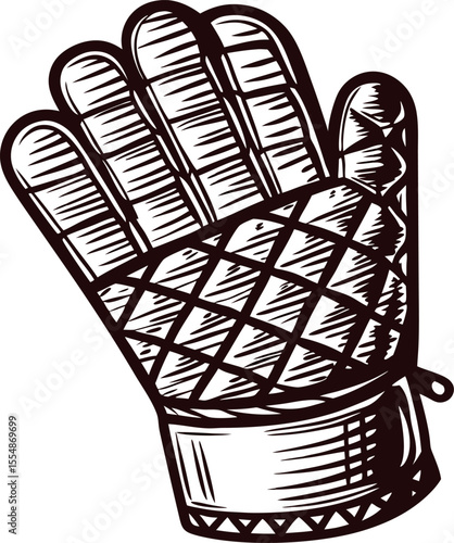 Hand drawn vintage kitchen oven mitt illustration with detailed crosshatch shading and thick cuff isolated on white