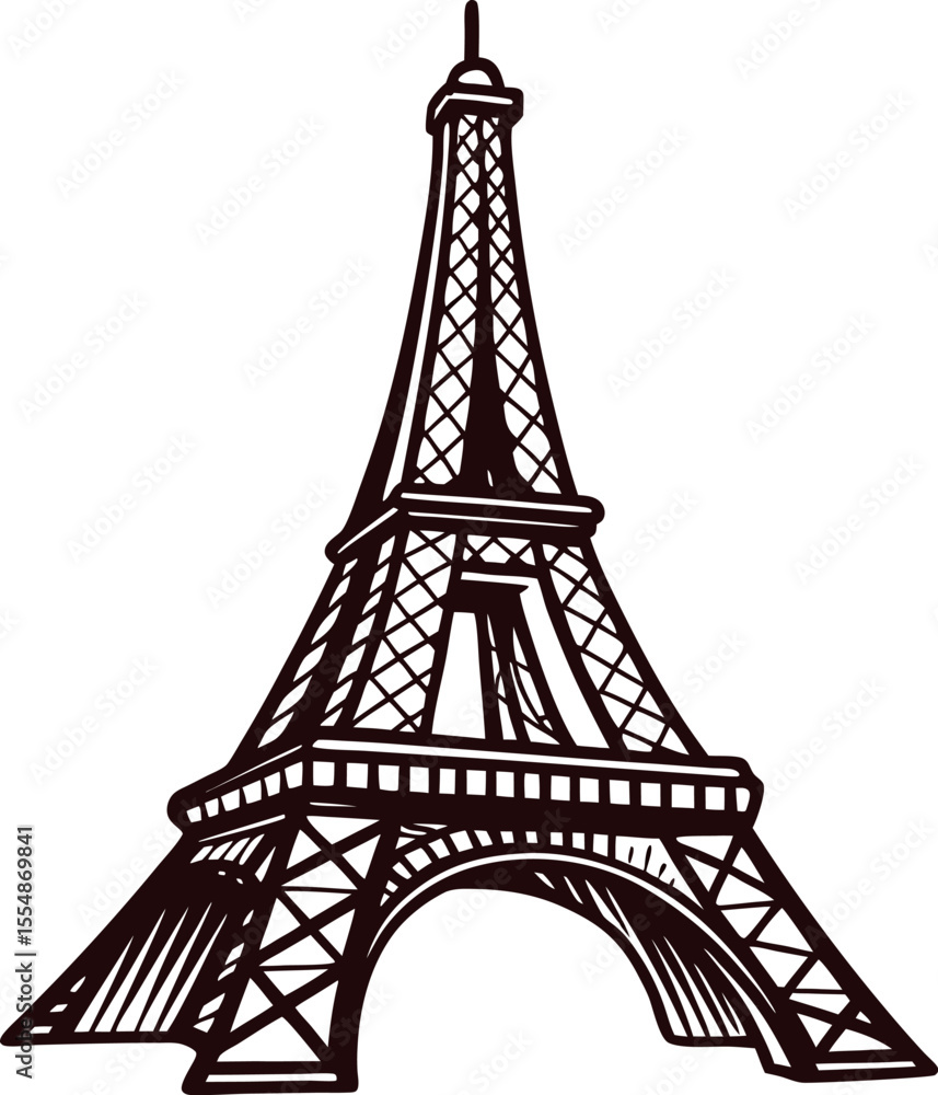 Obraz premium Hand drawn eiffel tower isolated on white background vintage engraved paris iron landmark sketch illustration