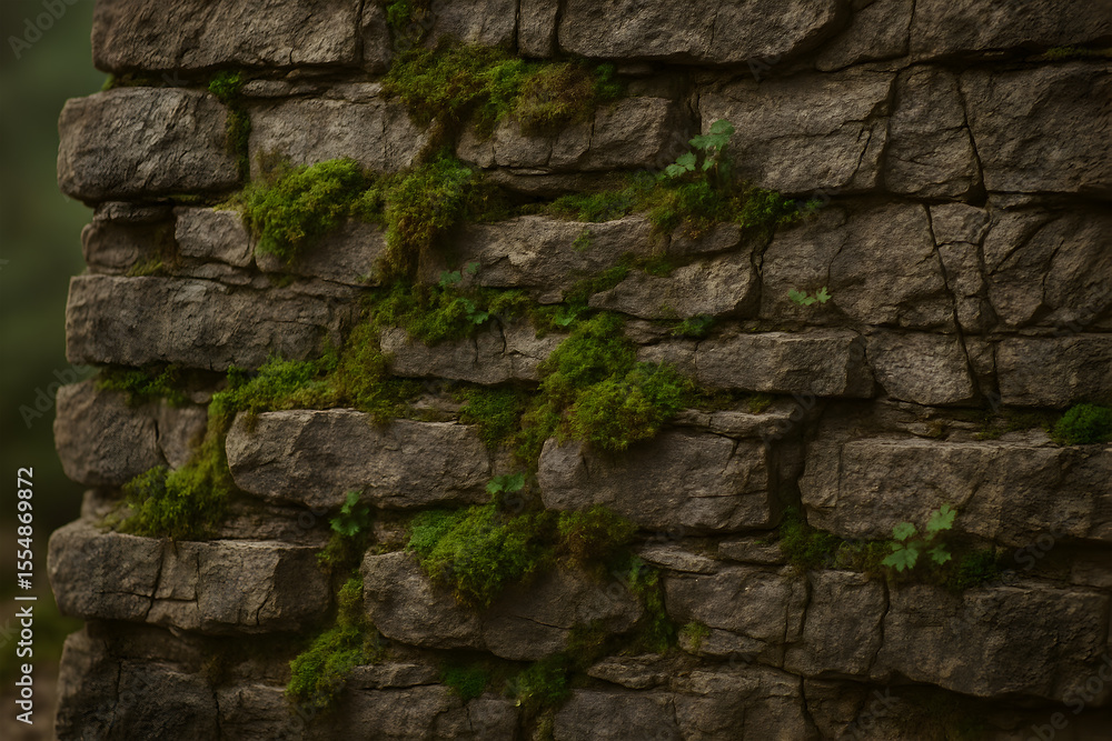 Fototapeta premium Mossy Stone Wall with Natural Green Texture and Weathered Rock Layers
