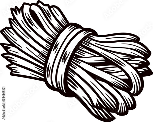 Hand drawn bundle of pasta noodles tied together vintage engraved illustration in black and white