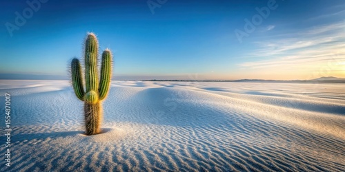 Fototapeta Naklejka Na Ścianę i Meble -  A lone cactus bravely stands in the heart of a serene, expansive white sand dune landscape under a breathtaking sunset sky