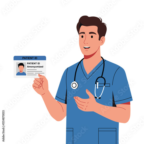 male nurse or doctor wearing blue scrubs and a stethoscope, holding a patient ID card. Flat vector illustration on white background