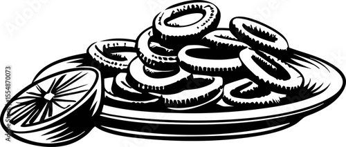 Vintage black and white sketch of fried calamari rings on plate with lemon slice seafood appetizer illustration
