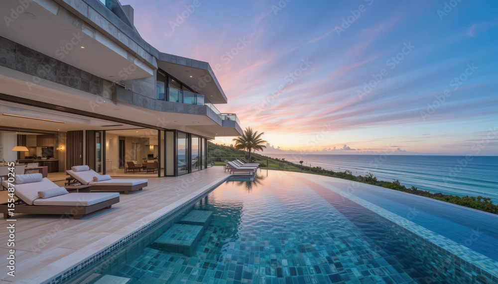 Luxurious villa with an infinity pool overlooking the ocean at sunset, featuring lounge chairs and a modern architectural design. Luxurious villa with an infinity pool overlooking the ocean at sunset, featuring lounge chairs and a modern architectural design.