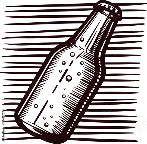 Hand drawn glass beverage bottle with carbonated bubbles, vintage engraving illustration on lined background