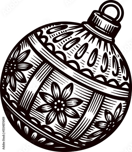 Vintage engraved drawing of a festive christmas bauble ornament decorated with floral patterns and intricate details