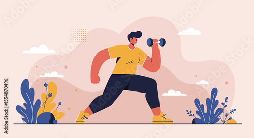 Modern flat design illustration of a man doing bicep curls with dumbbells for a healthy lifestyle and fitness marketing campaign.