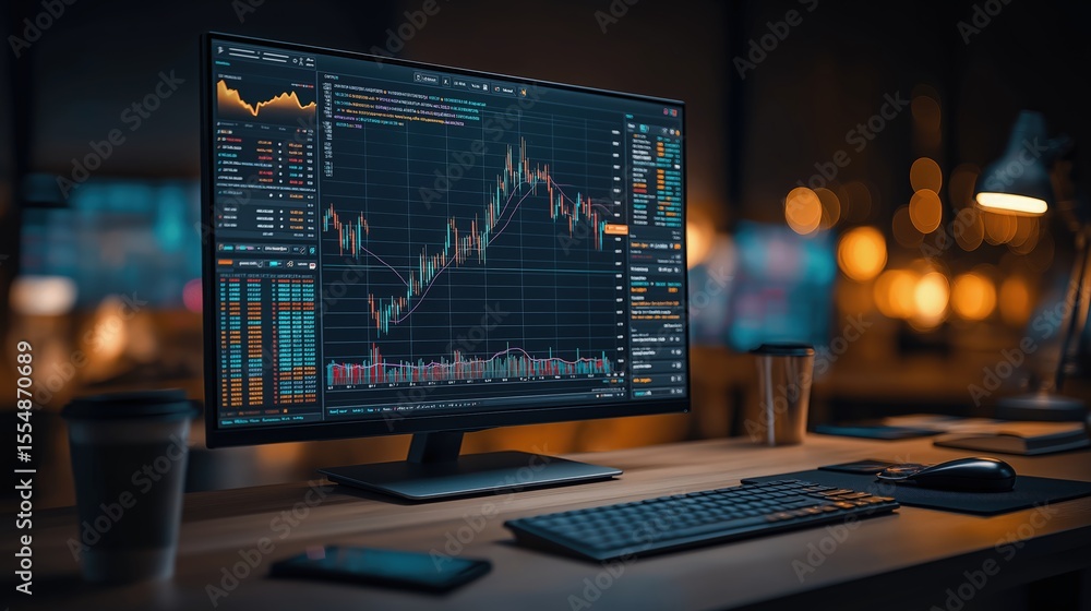Market Analysis: An analytical portrayal of stock market fluctuations unfolds on a high-definition monitor. The workspace, bathed in soft light, hints at the dynamic environment of finance. Market Analysis: An analytical portrayal of stock market fluctuations unfolds on a high-definition monitor. The workspace, bathed in soft light, hints at the dynamic environment of finance.