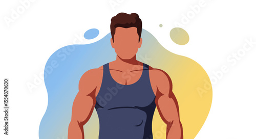 A dynamic flat design illustration showcases an athletic man in sportswear, engaged in a workout routine, suitable for fitness and wellness website banners or marketing materials.