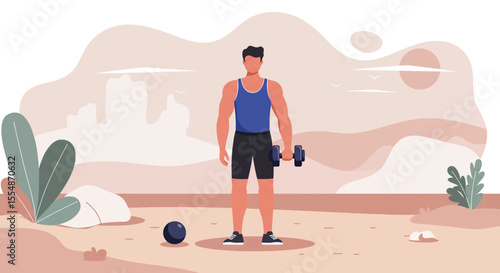 A dynamic flat design illustration showcases an athletic man in sportswear, engaged in a workout routine, suitable for fitness and wellness website banners or marketing materials.