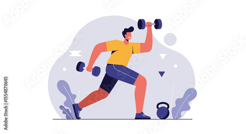 A dynamic flat design illustration showcases an athletic man in sportswear, engaged in a workout routine, suitable for fitness and wellness website banners or marketing materials.