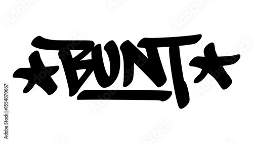 Graffiti tag of the word "Bunt" in bold black hand-drawn style. Urban street lettering with baseball theme and transparent background, ideal for sporty and edgy visual design.