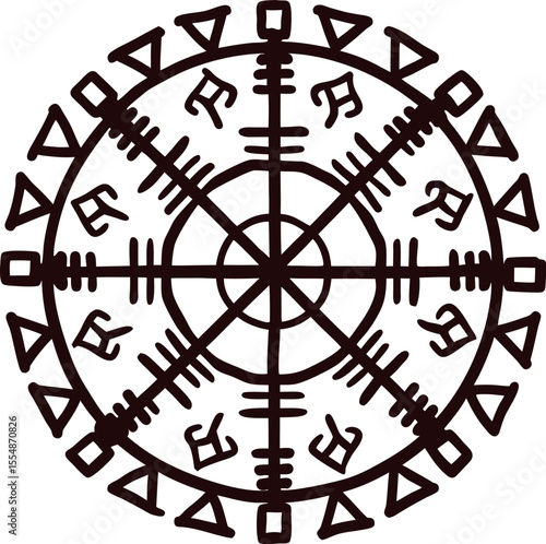 Nordic runic compass vegvisir symbol, ancient icelandic magical stave for protection and navigation isolated