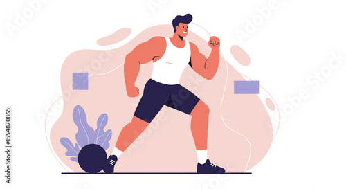 A dynamic flat design illustration showcases an athletic man in sportswear, engaged in a workout routine, suitable for fitness and wellness website banners or marketing materials.