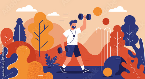 A dynamic flat design illustration showcases an athletic man in sportswear, engaged in a workout routine, suitable for fitness and wellness website banners or marketing materials.