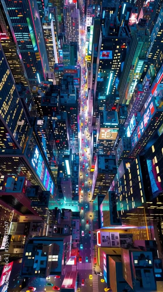 Vibrant Nighttime Cityscape Illuminated by Neon Lights and Skyscrapers, vertical video Vibrant Nighttime Cityscape Illuminated by Neon Lights and Skyscrapers, vertical video