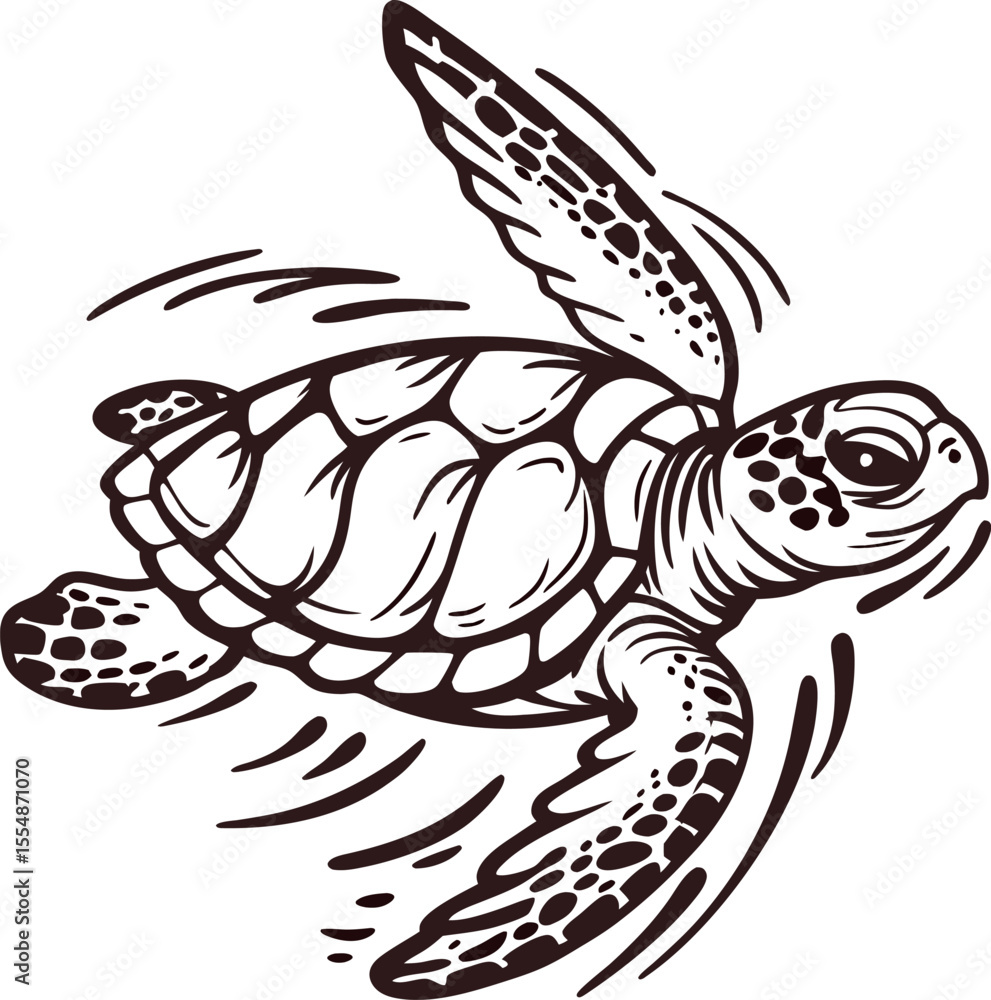 Detailed hand drawn swimming sea turtle illustration in vintage engraved with expressive lines and intricate shading Detailed hand drawn swimming sea turtle illustration in vintage engraved with expressive lines and intricate shading