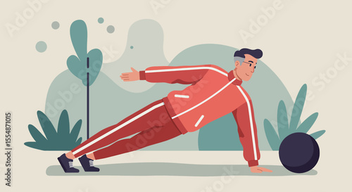 A dynamic flat design illustration showcases an athletic man in sportswear, engaged in a workout routine, suitable for fitness and wellness website banners or marketing materials.
