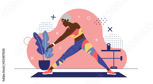 A dynamic flat design illustration showcases an athletic man in sportswear, engaged in a workout routine, suitable for fitness and wellness website banners or marketing materials.