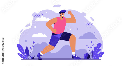 A dynamic flat design illustration showcases an athletic man in sportswear, engaged in a workout routine, suitable for fitness and wellness website banners or marketing materials.