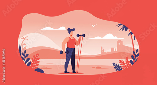 A dynamic flat design illustration showcases an athletic man in sportswear, engaged in a workout routine, suitable for fitness and wellness website banners or marketing materials.