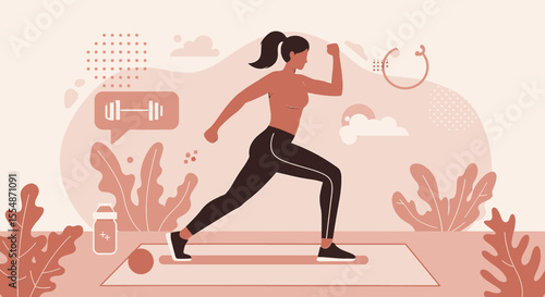 A dynamic flat design illustration showcases an athletic man in sportswear, engaged in a workout routine, suitable for fitness and wellness website banners or marketing materials.