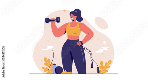 A dynamic flat design illustration showcases an athletic man in sportswear, engaged in a workout routine, suitable for fitness and wellness website banners or marketing materials.