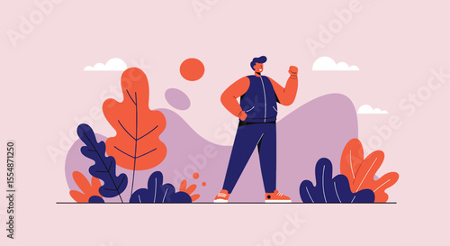 A dynamic flat design illustration showcases an athletic man in sportswear, engaged in a workout routine, suitable for fitness and wellness website banners or marketing materials.