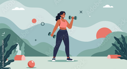 A dynamic flat design illustration showcases an athletic man in sportswear, engaged in a workout routine, suitable for fitness and wellness website banners or marketing materials.