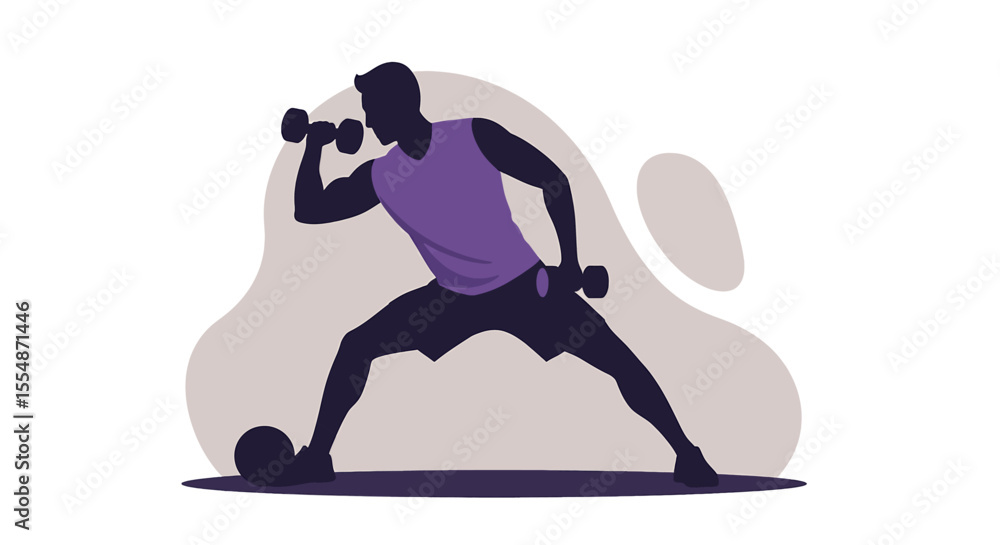 Obraz premium A dynamic flat design illustration showcases an athletic man in sportswear, engaged in a workout routine, suitable for fitness and wellness website banners or marketing materials.