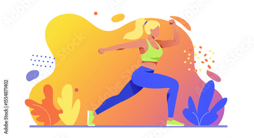 A dynamic flat design illustration showcases an athletic man in sportswear, engaged in a workout routine, suitable for fitness and wellness website banners or marketing materials.