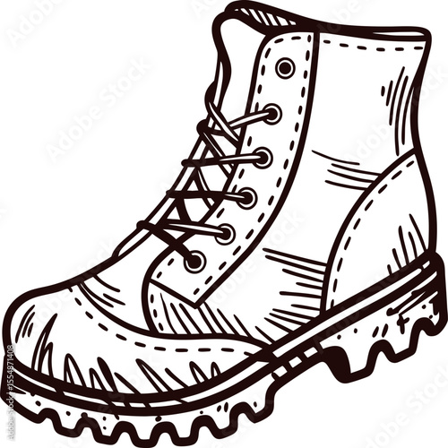 Hand drawn rugged hiking boot vintage engraving strong leather work shoe with thick tread sole isolated illustration