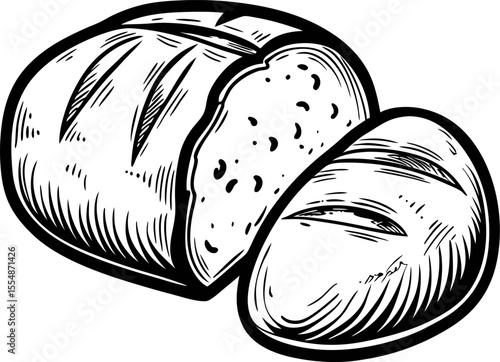 Hand drawn rustic bread loaf with sliced piece isolated on white vintage engraving illustration