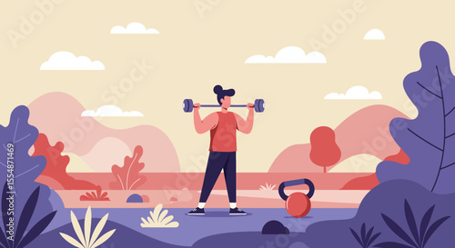 A dynamic flat design illustration showcases an athletic man in sportswear, engaged in a workout routine, suitable for fitness and wellness website banners or marketing materials.