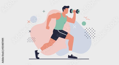 A dynamic flat design illustration showcases an athletic man in sportswear, engaged in a workout routine, suitable for fitness and wellness website banners or marketing materials.