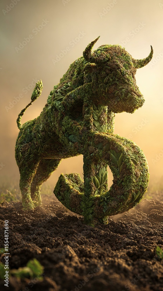Fototapeta premium Emerging Prosperity: A Verdant Bull Rises from the Soil of Wealth Under a Golden Dawn