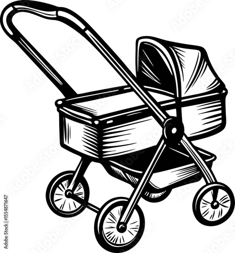 Vintage engraved illustration of classic baby stroller with canopy and large wheels in black and white