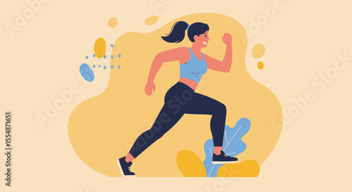 A dynamic flat design illustration showcases an athletic man in sportswear, engaged in a workout routine, suitable for fitness and wellness website banners or marketing materials.