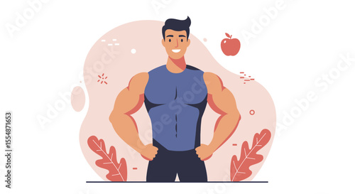 A dynamic flat design illustration showcases an athletic man in sportswear, engaged in a workout routine, suitable for fitness and wellness website banners or marketing materials.