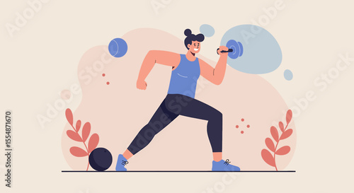 A dynamic flat design illustration showcases an athletic man in sportswear, engaged in a workout routine, suitable for fitness and wellness website banners or marketing materials.