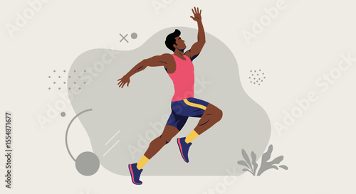 A dynamic flat design illustration showcases an athletic man in sportswear, engaged in a workout routine, suitable for fitness and wellness website banners or marketing materials.