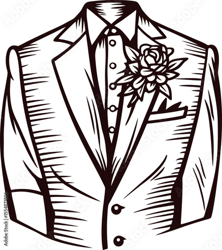 Elegant hand drawn suit jacket with boutonniere flower, vintage sketch formalwear illustration