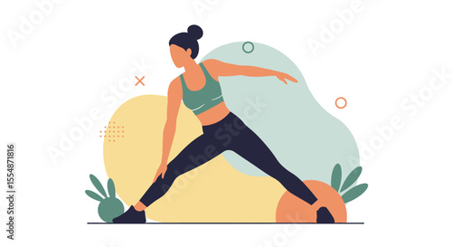 A dynamic flat design illustration showcases an athletic man in sportswear, engaged in a workout routine, suitable for fitness and wellness website banners or marketing materials.