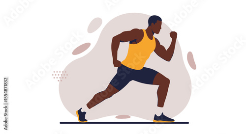 A dynamic flat design illustration showcases an athletic man in sportswear, engaged in a workout routine, suitable for fitness and wellness website banners or marketing materials.