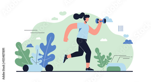 A dynamic flat design illustration showcases an athletic man in sportswear, engaged in a workout routine, suitable for fitness and wellness website banners or marketing materials.