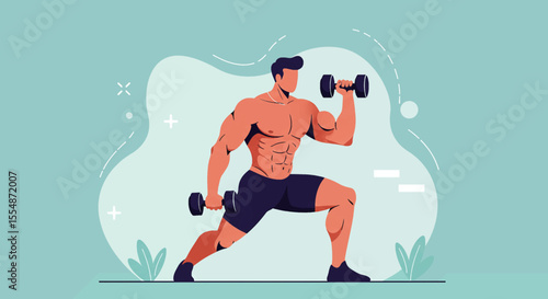 A dynamic flat design illustration showcases an athletic man in sportswear, engaged in a workout routine, suitable for fitness and wellness website banners or marketing materials.