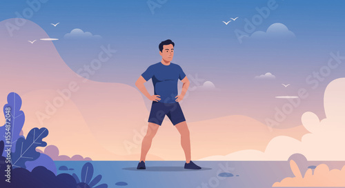 A dynamic flat design illustration showcases an athletic man in sportswear, engaged in a workout routine, suitable for fitness and wellness website banners or marketing materials.