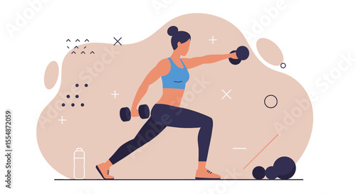 A dynamic flat design illustration showcases an athletic man in sportswear, engaged in a workout routine, suitable for fitness and wellness website banners or marketing materials.